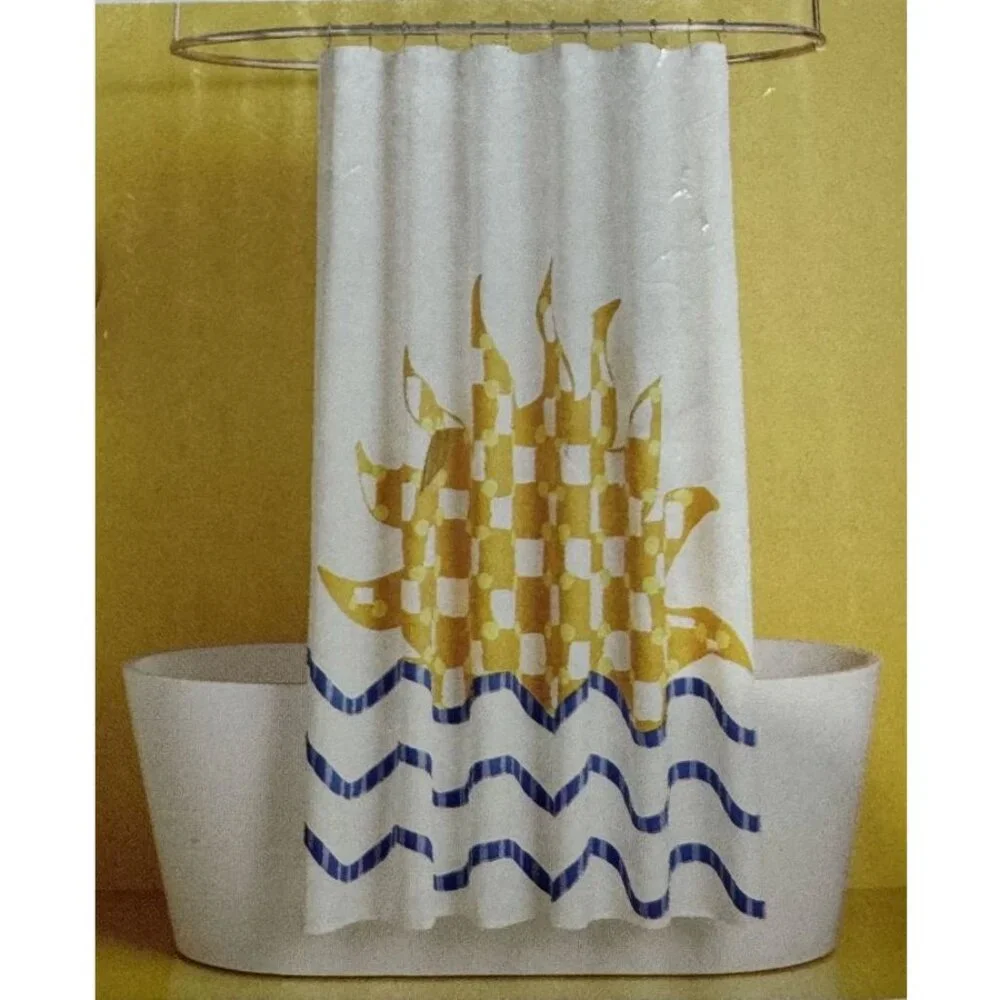 Room Essentials Blue, White, Yellow Wave Geometric Shower Curtain Bath Set With